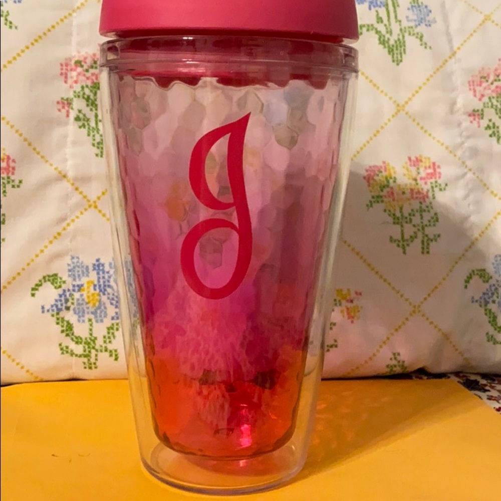 Pink “J” Tumblr cup with top